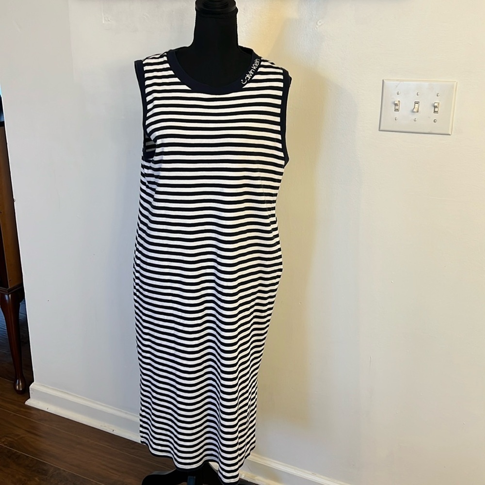 Vintage Calvin Klein Cotton Horizontal Striped Navy and White Dress, Sz. XL.